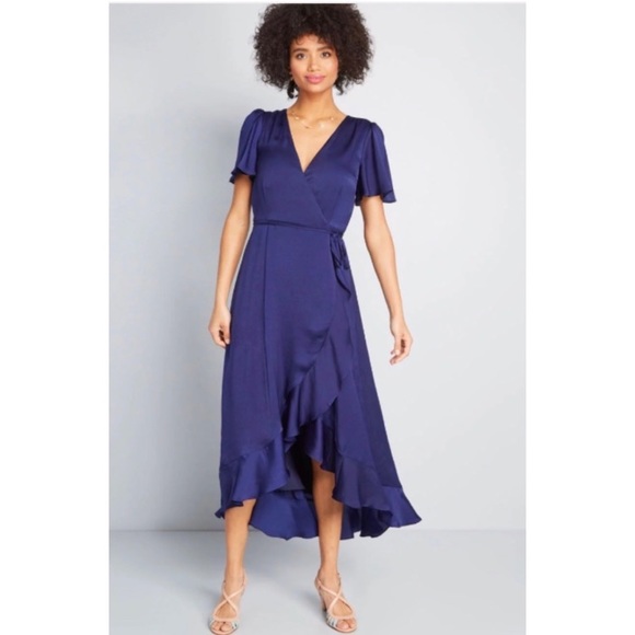 Nicole Miller Navy Blue Satin Wrap Dress High Low Cap Sleeve Size Small - Picture 2 of 8